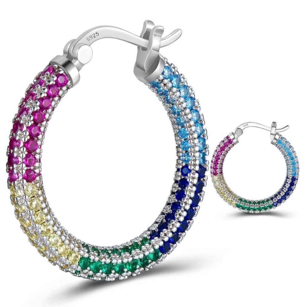 14K White Gold Sterling Silver with Multicolored Cubic Zirconia Hoop Earrings